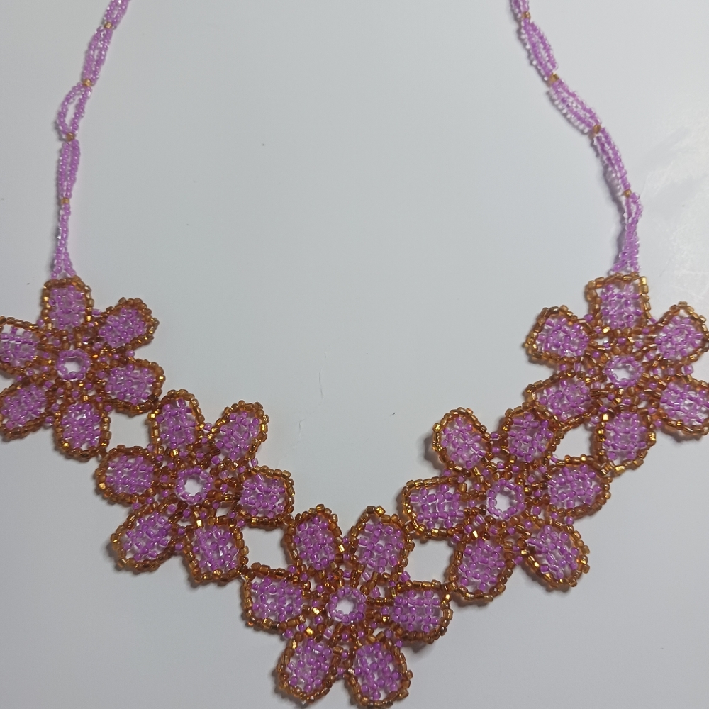 Mexican handmade beaded seed Necklace,  pink and gold